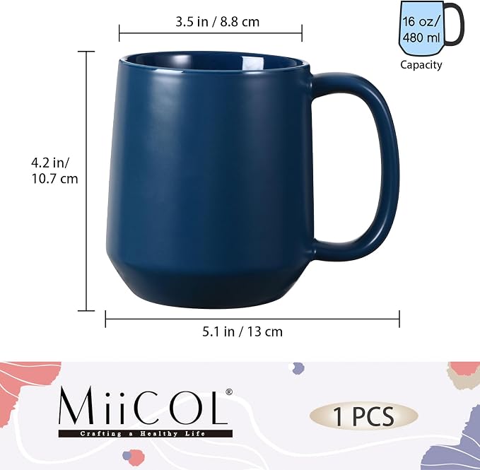 Miicol Ceramic Coffee Mug, 16 oz Large Coffee Cup, Tea Mug with Handle, Flat Bottom Mug for Men, Women, Office, Microwave and Dishwasher Safe, Multi-Color, Navy