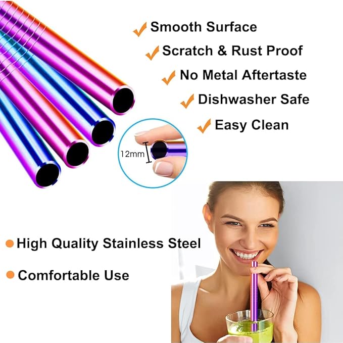 Vinaco Reusable Smoothie & Milkshake Straws, 0.5'' Wide Stainless Steel, 10.5'' & 8.5'' Long, 6 Pack with 1 Cleaner
