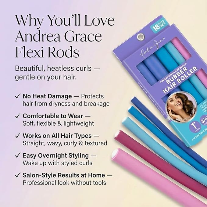 Andrea Grace Flexi Rods Foam Hair Rollers -1/2" 5/8" 3/4" 1" Diameter- Professional Salon Quality 18 Pcs Rubber Hair Rollers for Long, Medium, and Short Hair, Hair Curlers to Sleep in for Women