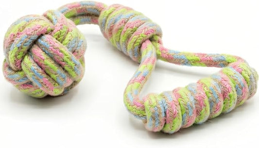 Tug of War Dog Toy 12 Inch Eco Cotton Interactive Dog Rope Toy with Grip Handle & Rope Tug Ball with Natural, Non-Toxic Dyes Tug Toy for Medium & Small Dogs (Rainbow)