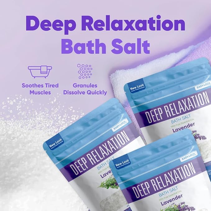 Deep Relaxation Bath Salt (3 Pack Plus Scoop) Relaxing Bath Soak with Pure Lavender Essential Oil in BPA Free Pouch with Press Lock Seal Made in USA 3 Pack of 2 Lbs 6 Lbs Total
