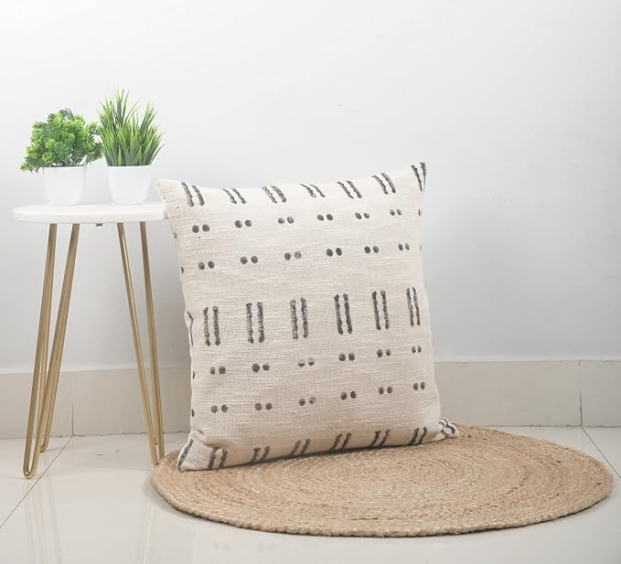 Trade Star Luxury Mud Cloth Square Pillow Cover Rustic Farmhouse Chair Pillowsham Handmade Sofa Pillow Cover for Room Decor (Ivory (Blossom), 18 X 18 Inch)