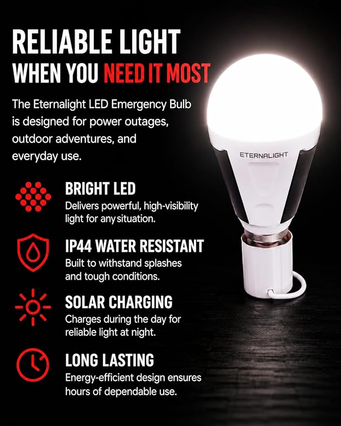 Original Defense EternaLight Rechargeable LED Bulbs (4 Count) - Emergency Light Bulbs with Battery Backup for Power Outages, Home, Camping, and Outdoor Activities - Solar Powered