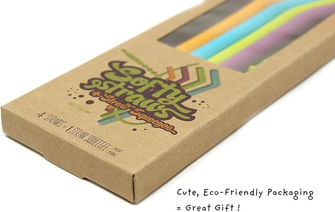 Softy Straws Wide Premium Reusable Silicone Drinking Straws + Patented Straw Squeegee - 9” Long With Curved Bend for 20 30 32 oz Tumblers Non Rubber, Flexible, Safe for Kids/Toddlers, Smoothie