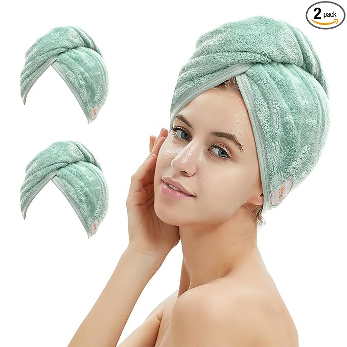 M-bestl 2 Pack Microfiber Hair Towel Wrap,Hair Drying Towel with Button, Hair Towel Turban,Head Towel to Dry Hair Quickly (Green&Green)