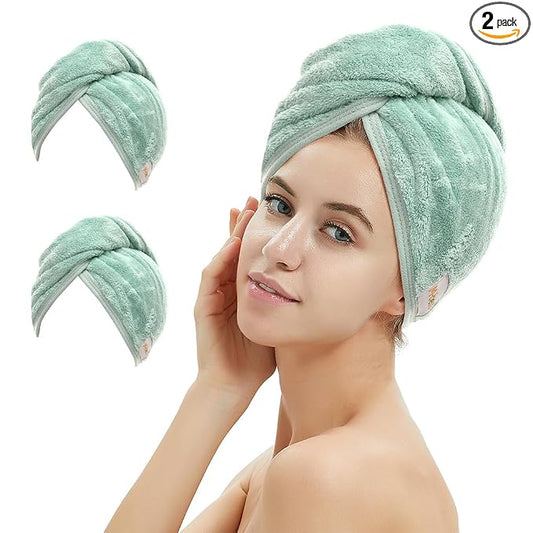 M-bestl 2 Pack Microfiber Hair Towel Wrap,Hair Drying Towel with Button, Hair Towel Turban,Head Towel to Dry Hair Quickly (Green&Green)