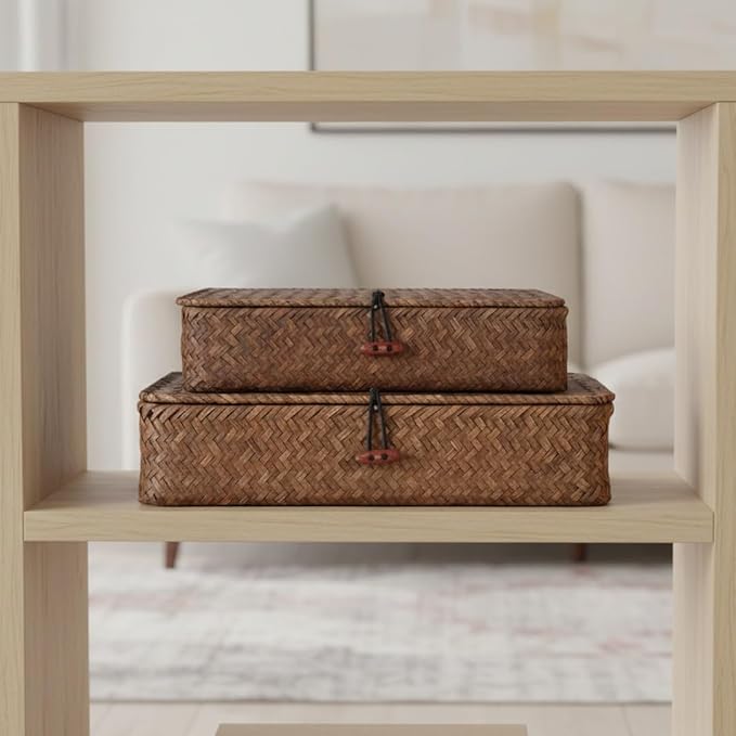 Seagrass Storage Baskets with Lids, Flat Wicker Basket, Shallow Woven Basket for Shelf, Decorative Storage Boxes for Organizing (Coffee)