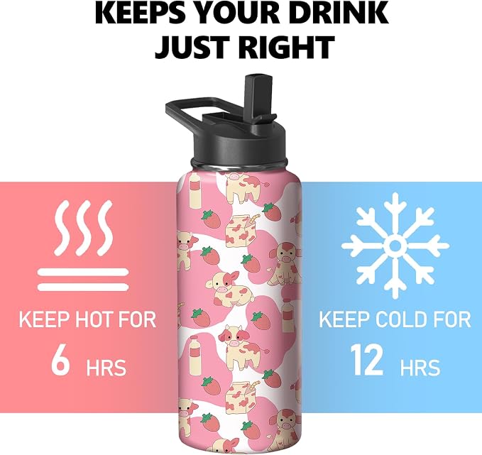 32oz Pink Cow Strawberry Water Bottle with Handle and Flip Straw,Animal Sports Stainless Steel Insulated Cup Travel Coffee Mug Tumbler, Birthday Mothers Day Chritmas Gifts for Women