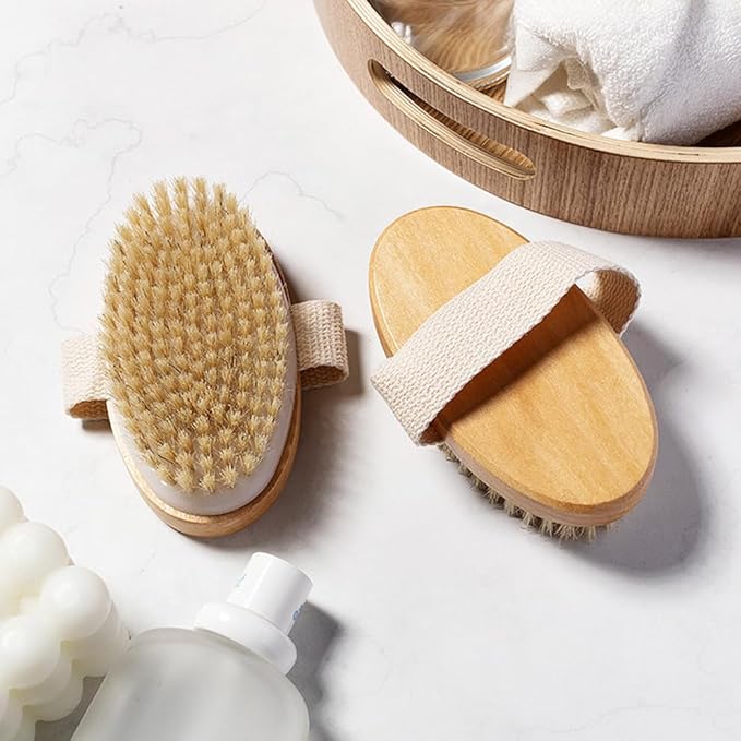 Natural Bristles Wooden Dry/Wet Body Brush, 5x2.8 Handheld Bath & Shower Body Exfoliating Brush Scrubber, Good for Lymphatic Drainage, Detox, Cellulite and Blood Circulation.