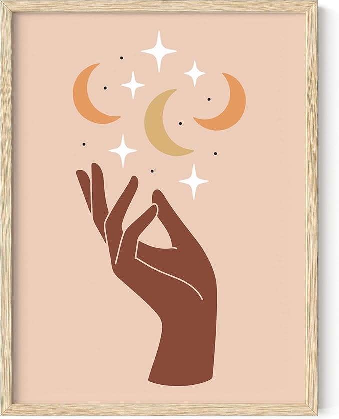 Mystical Hand Wall Art Celestial Moon and Stars Print Earth Tones Terracotta Mid Century Modern 12x16 Inch Oak Wood Beige Framed Spiritual Decor for Bedroom