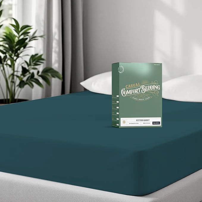 TEXAS LINEN CO. 100% Organic Cotton Percale Weave Fitted Sheet California King Size, Teal, 1 Deep Pocket Cal King Fitted Sheet, Fits Mattress Upto 16" Crisp and Cool Bed Linen, Luxury GOTS Certified