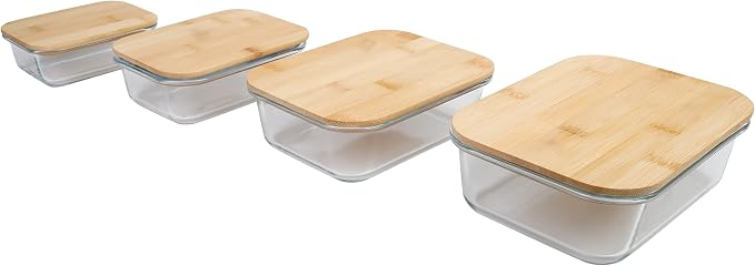 axentia Glass Food Storage Containers Set of 4 Transparent Wood