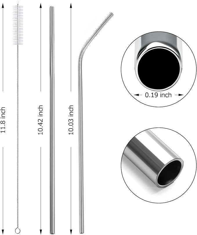 12 Pack 10.5" * 0.24" Stainless Steel Straws with 2 Cleaning Brushes, 6 Straight + 6 Bent Mental Straws, Compatible with 30oz Tumblers(Silver/Black/Gold/Rose Gold/Purple/Rainbow)