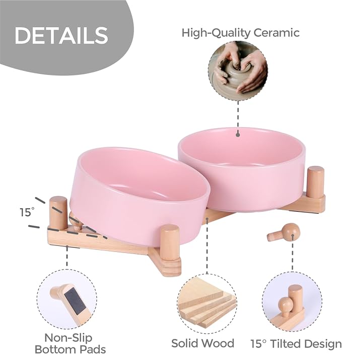 Ceramic Dog Bowls for Small Size Dogs, Cat Food and Water Bowl Set with 15° Adjustable Wood Stand, Raised Non-Slip Pet Bowls, Dual Feeder for Cats & Small Dogs, Matte Glaze 13.5oz Set of 2(Soft Pink)