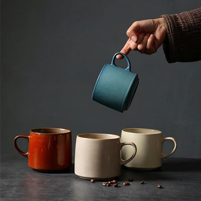 12oz Rustic Minimalist Ceramic Pottery Coffee Mug Set of 4, Lead-FreeTea Mug, Sturdy Tea cup, Handmade stoneware mugs for Tea Latte Milk for office and home