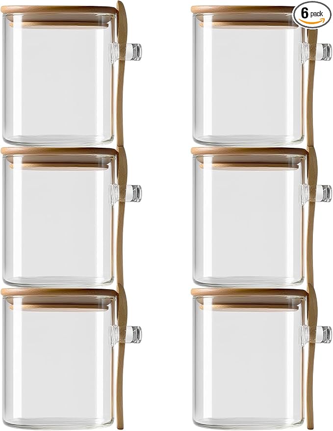 600ml/20.29Oz Clear Glass Spice Jars with Bamboo Lids - Square Glass Food Storage Jars Containers with Spoon - Airtight kilner jars for Tea,Coffee,Sugar,Cereal,Flour