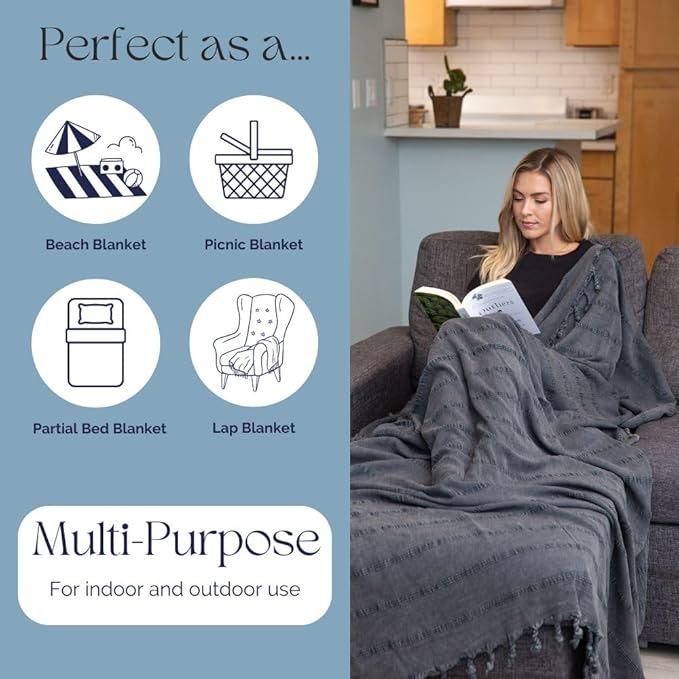 nfuseZen Large Stonewashed Turkish Throw Blanket - 100% Organic Turkish Cotton - 92" x 69" - Soft, Lightweight, Cozy - Love Seat, Sofa, Bed, Picnic, Yoga - Sand Free Beach Blanket - Charcoal Grey