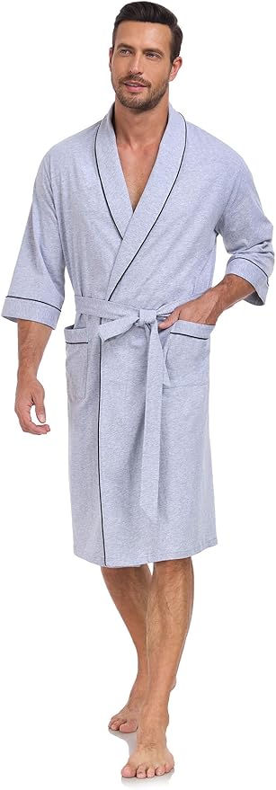 COLORFULLEAF 100% Cotton Men’s Summer Bathrobe Lightweight & Breathable Short Sleeve Kimono Robe with Pockets