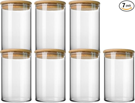 Glass Food Storage Containers with Lids - Round Jars with Bamboo Lids - Airtight Clear Coffee Storage Jar - Stackable Glass Kitchen Canisters for Tea,Sugar,Cereal,Flour,Sweet