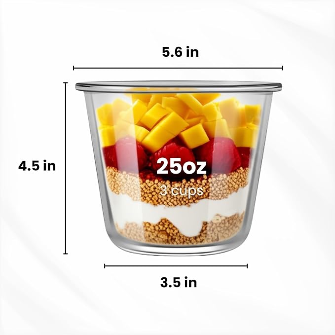 Reusable Round Glass Meal Prep Containers With Lids (4 sets) - 25oz/ 3 Cup Food Storage Containers With Lids - Airtight Microwave Safe Lunch & Soup Containers Glass - Ideal for Meal Prep