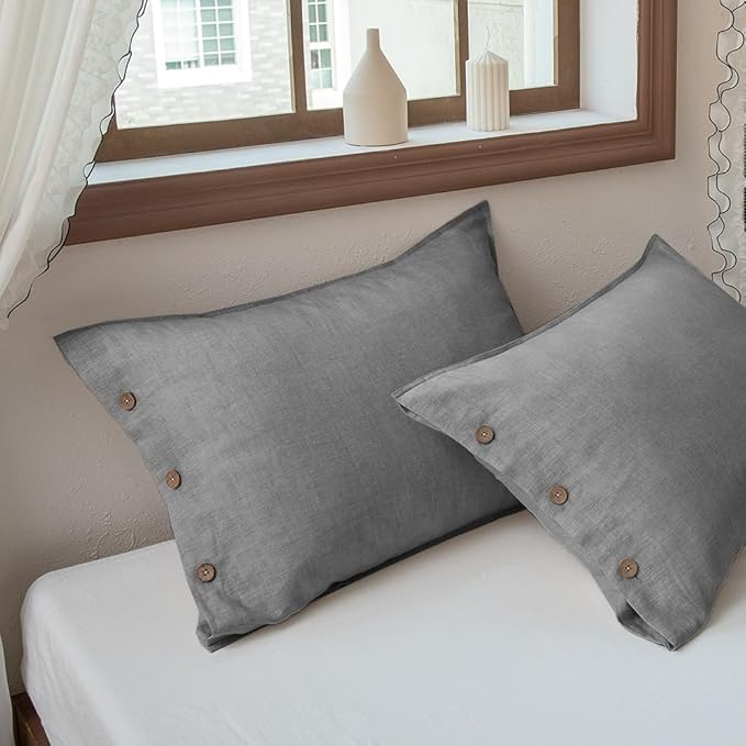 EVERLY 100% Linen Pillowcases Set of 2, French Linen from Normandy, 20X30Inch Standard Size, Natural Color, Coconut Buttons Closure, Flax Pillowshams-Pillowcase-Gray
