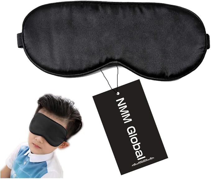 100% Natural Silk Sleep Eye Mask Kids, Cute Night Sleeping Mask with Adjustable Elastic Strap for Girls Boys Child (Black Small)