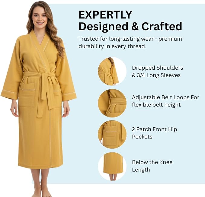 COTSILER Cotton Waffle Bathrobe for Women – Lightweight Spa Robe with Belt & Front Pockets