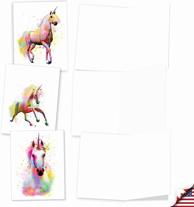 The Best Card Company Assorted Watercolor Animal Blank Greeting Card Box Set - Incl. 10 Unique Notecards Designs + Envelopes, Thank You, Invitations, More - Funky Rainbow Unicorns AM6748OCB-B1x10