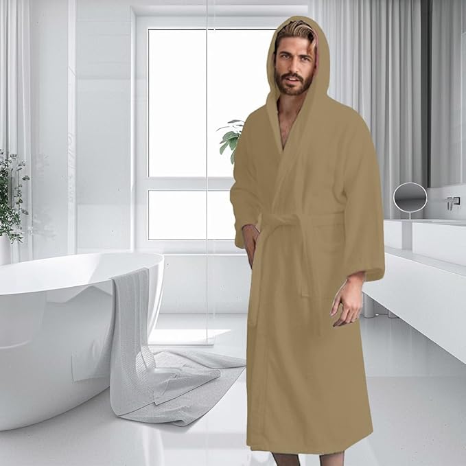 Men’s Hooded Bathrobe, 100% Cotton Terry Bathrobe, Spa Style Bath Robe, Absorbent Shower Robe, Lightweight Towel Bathrobes