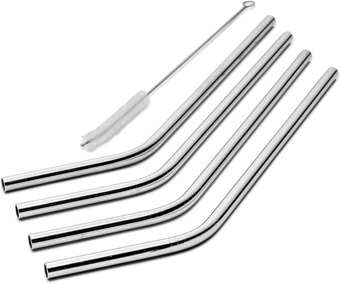 Stainless Steel Drinking Straws Set of 4, Curved metal Straws reusable for 20 0z Tumbler, | Fits all Yeti SIC Simple Modern Tumblers, Cleaning Brush Included.