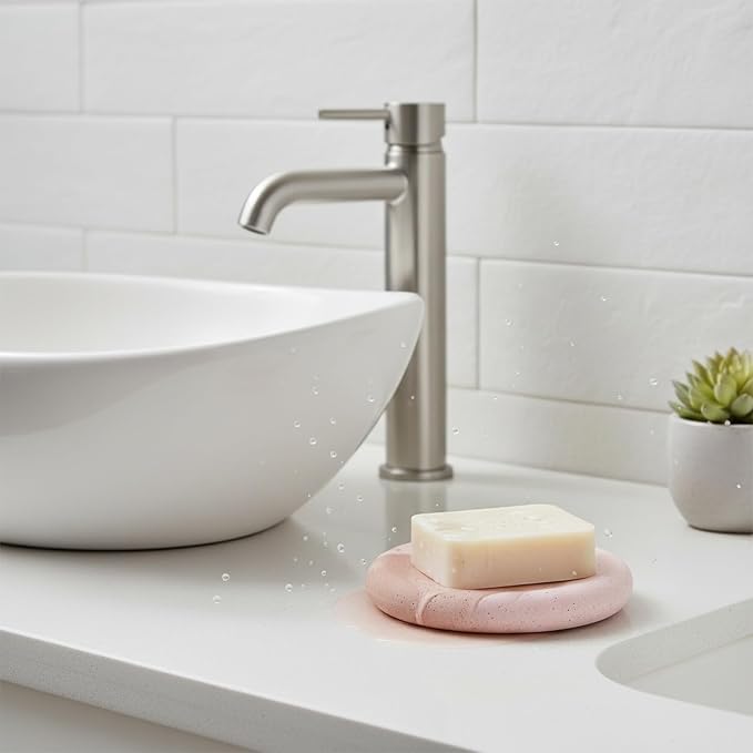 Round Diatomite Soap Dish, 3.9 Inch Natural Stone Bar Soap Holder for Bathroom Sink, Vanity, or Shower Ledge