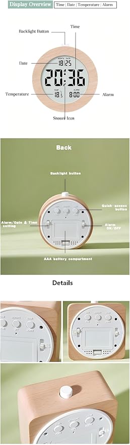Nordic Style Solid Wood Alarm Clock - Minimalist Wooden Clock with LCD Display, Temperature & Date, Handmade, Rechargeable, Bedside Desk Decor for Home Office (Square)
