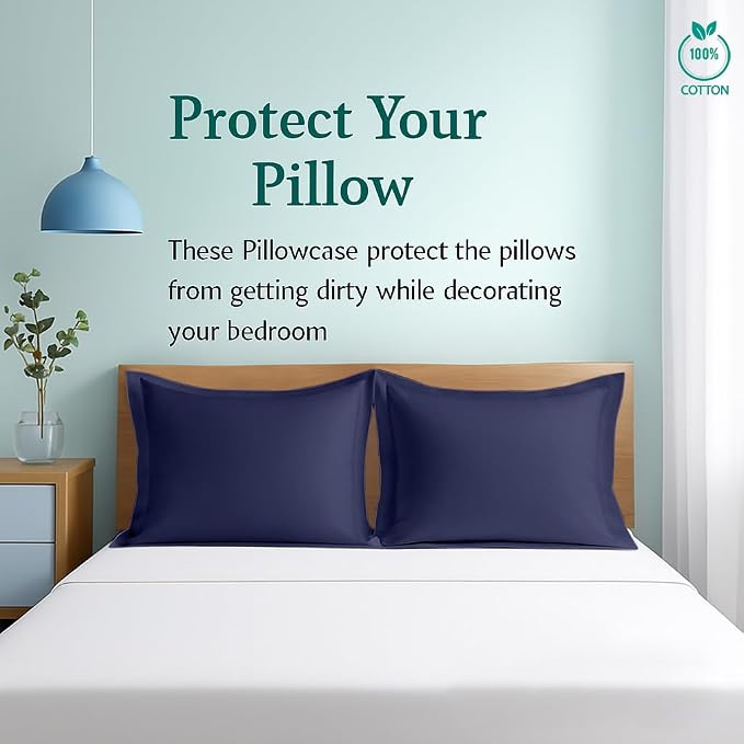 2 Pack Euro Pillow Shams 26x26 – 600 Thread Count 100% Organic Cotton Navy Blue Square Pillow Covers with 2 Inch Flange, Soft & Smooth Premium Hotel-Quality Pillowcases Set of 2