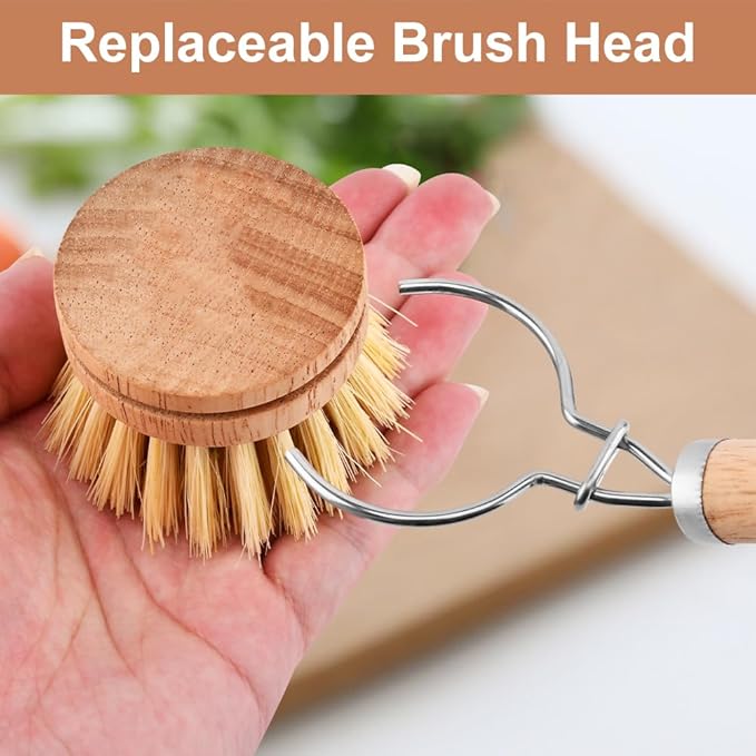 Bamboo Dish Brush with Handle, Wooden Handle with 3 Natural Bristle Heads, Natural Wood Dish Scrub Brush for Washing and Cleaning Pots and Pans