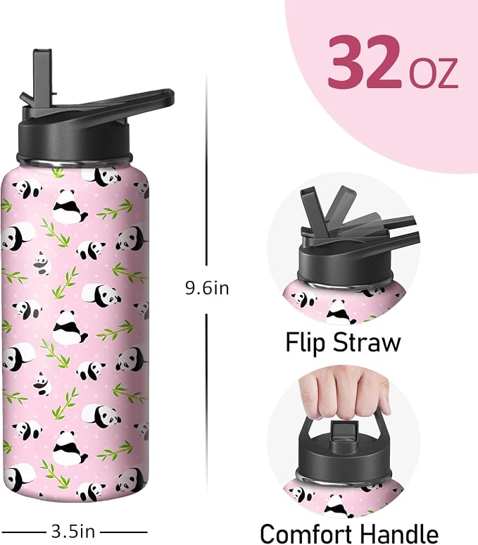 32oz Pink Panda Water Bottle with Handle and Flip Straw, Sports Stainless Steel Insulated Cup Travel Coffee Mug Tumbler, Birthday Mothers Day Chritmas Gifts for Women