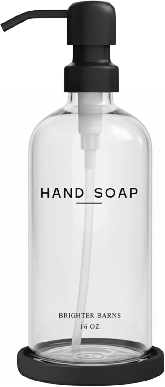 Glass Hand Soap Dispenser Bathroom Set by Brighter Barns - Bathroom Soap Dispenser Set - Refillable Pump Bottle with Tray - Neutral Home Decor for Airbnb, Hotel, Vacation Rental, Restaurants (Clear)