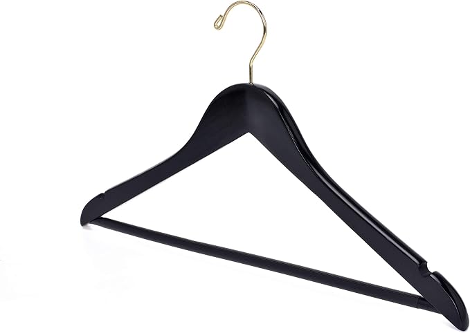 Quality Black Wooden Hangers - Slightly Curved Hanger Set of 20-Pack - Solid Wood Coat Hangers with Stylish Chrome Hooks - Heavy-Duty Clothes, Jacket, Shirt, Pants, Suit Hangers (Black-Gold Hook, 20)