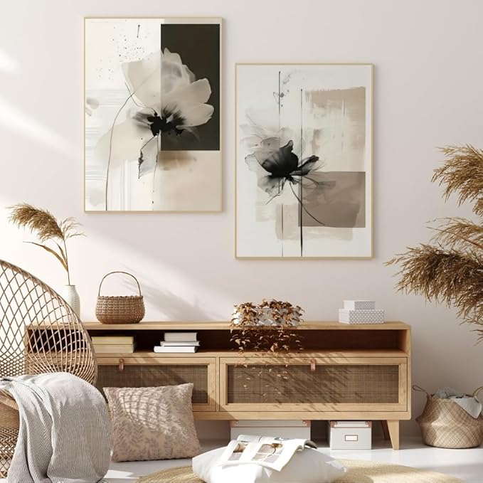 Minimalist Abstract Floral Wall Art Prints Set of 2 Neutral Beige Black Flower Canvas Painting Poster Trendy Botanical Picture for Gallery Modern Japandi Boho Home Decor 8x12inch Wrapped Framed