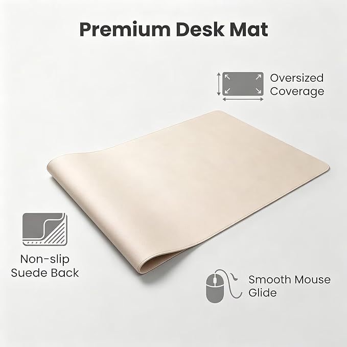 Double-Sided Desk Pad, 17.5"x59"Leather Table Mat, Desktop Protector,Large Mouse Mat,Waterproof Workspace Blotter for Office/Home(Beige)