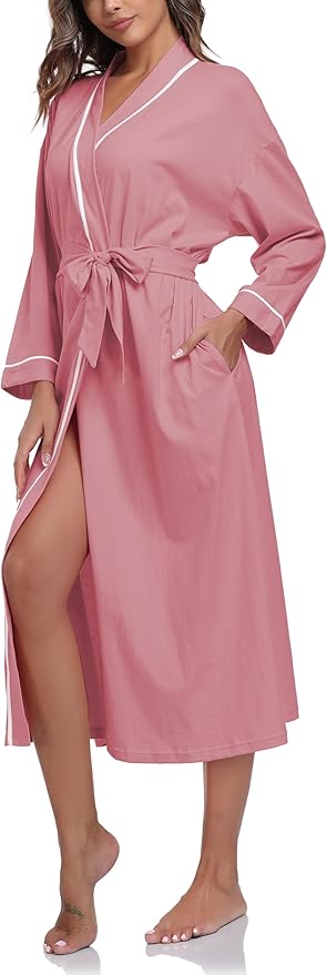 COLORFULLEAF 100% Cotton Women's Robes Summer Lightweight Kimono Soft Long Cotton Bathrobe for Women with Pockets