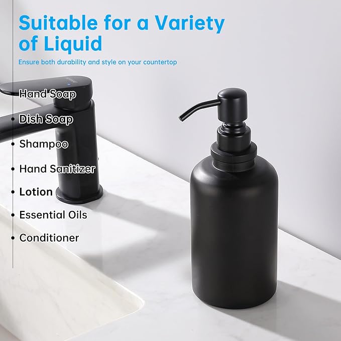 Matte Black Soap Dispenser for Bathroom Kitchen, 17 OZ Liquid Soap Dispenser Large Capacity Cylindrical with Stainless Steel Pump for Dish Hand Soap Vanity Countertop