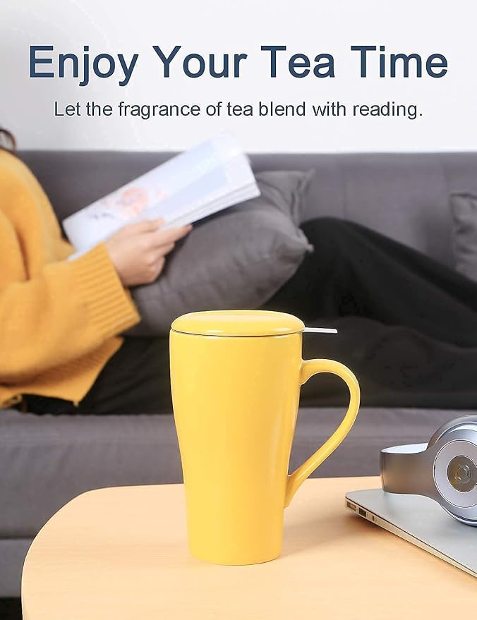 2 Pack Tea Mug with Infuser and Lid, 18oz Large Tea Cup, Matte Ceramic Coffee Mug for Dishwasher, Microwave and Oven Safe