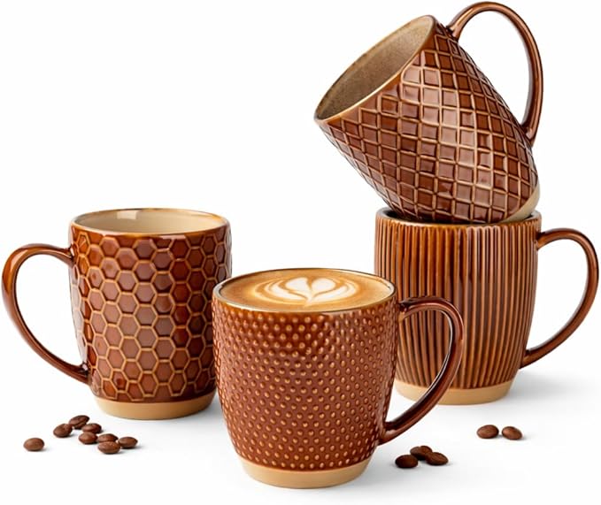 GBhome Large Coffee Mugs Set of 4, 16oz Handmade Embossed Coffee Mugs Set with Large Handle for Cappuccino/Latte/Tea/Hot Cocoa, Dishwasher & Microwave Safe, Caramel