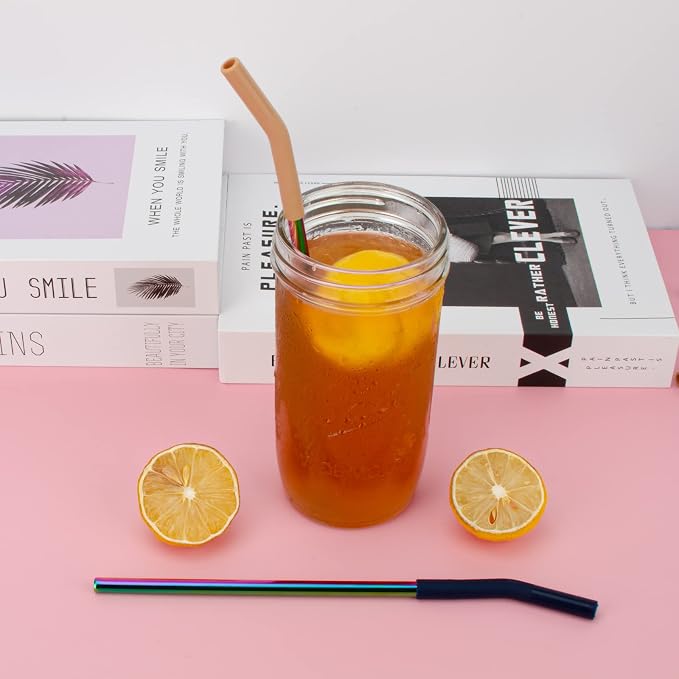 Tronco Set of 6 Stainless Steel Reusable Metal Straws with Silicone Flex Tips Elbows Cover, Metal Drinking Straws for Tronco Tumbler, 6 Steel Straws,6 Silicone Tips,1 Straw Cleaning Brush(Iridescence)