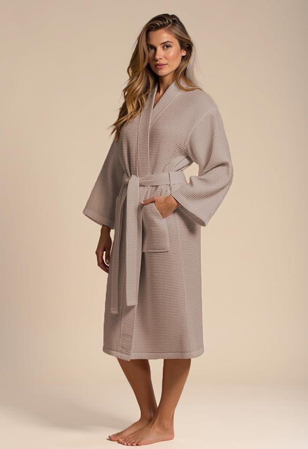 Turquaz Lightweight Waffle Knit Kimono Bathrobe - Soft Cotton Blend Spa Robe, Fast-Drying Full-Length Unisex Robes for Women