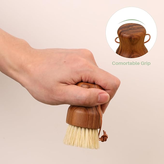 Teak Dish Scrub Brush 2PCS by HTB, Good Grip Small Wooden Dish Brush with Teak Handle & Sisal Bristles for Kitchen, Wood Cleaning Scrubbers Set for Washing Pan/Pot/Vegetable/Fruit