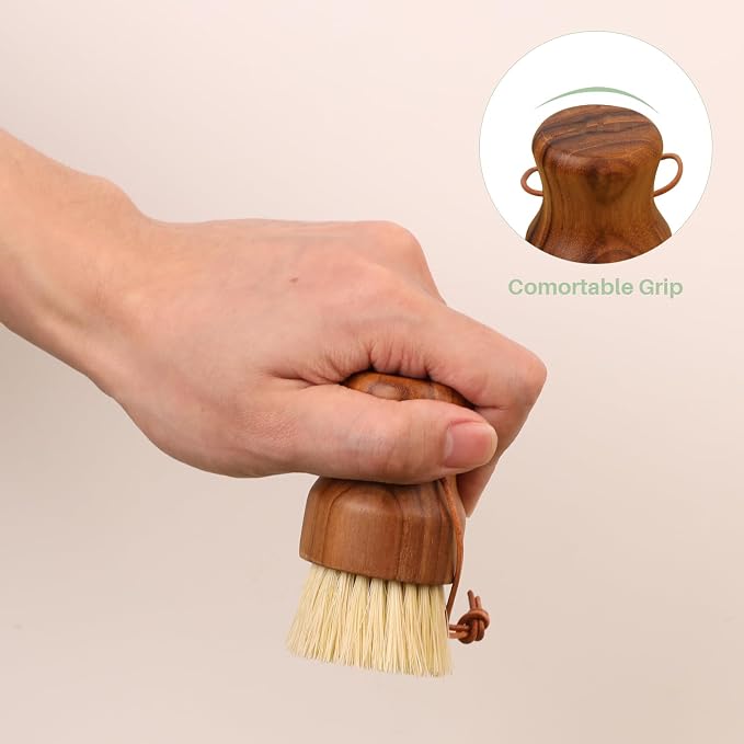 HTB Teak Wood Dish Scrub Brush 3PCS,FSC-Certified | Small Wooden Dish Brush with Teak Handle & Sisal Bristles for Kitchen,Cleaning Scrubbers Set for Pan,Pot,Vegetable,Fruit