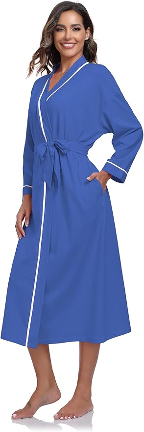 COLORFULLEAF 100% Cotton Women's Robes Summer Lightweight Kimono Soft Long Cotton Bathrobe for Women with Pockets