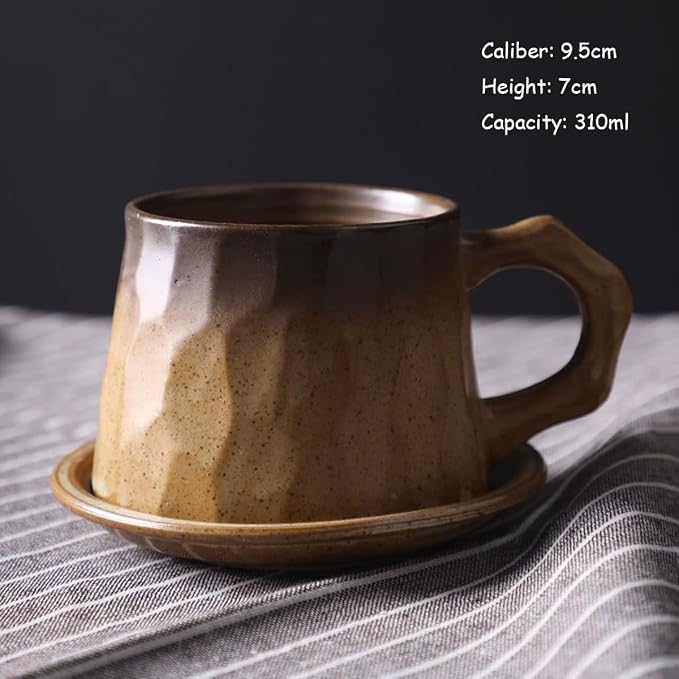 Vintage Faceted Speckled Ceramic Coffee Mug with Saucer, Rustic Stoneware Cup for Tea Latte (YF-CS01)