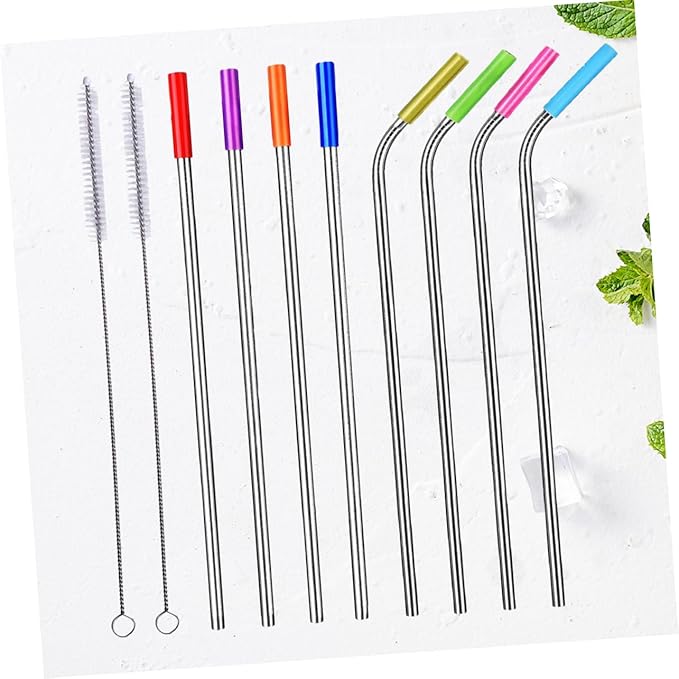 8-Piece 304 Stainless Steel Reusable Drinking Straws Set with Food-Grade Silicone Tips Curved and Straight Straws for Smoothies Cocktails and Juices